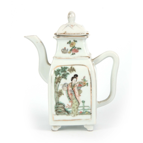 152 - A 19th CENTURY CHINESE FAMILLE ROSE PORCELAIN TEAPOT the body with painted panels depicting oriental... 