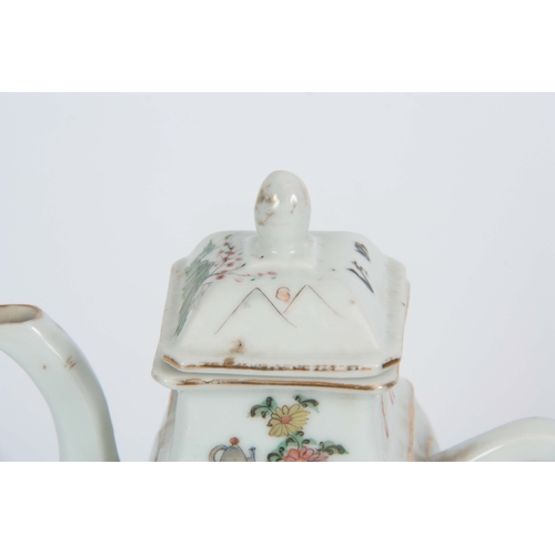 152 - A 19th CENTURY CHINESE FAMILLE ROSE PORCELAIN TEAPOT the body with painted panels depicting oriental... 