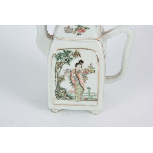 152 - A 19th CENTURY CHINESE FAMILLE ROSE PORCELAIN TEAPOT the body with painted panels depicting oriental... 