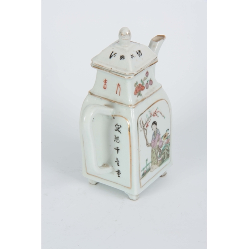 152 - A 19th CENTURY CHINESE FAMILLE ROSE PORCELAIN TEAPOT the body with painted panels depicting oriental... 