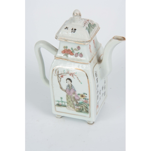 152 - A 19th CENTURY CHINESE FAMILLE ROSE PORCELAIN TEAPOT the body with painted panels depicting oriental... 