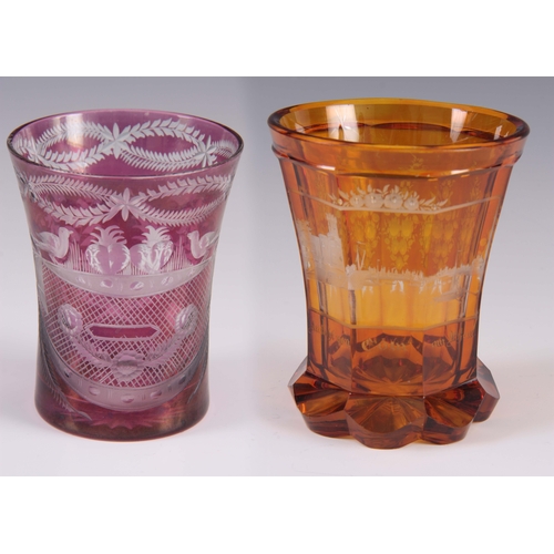 16 - TWO LATE 19th CENTURY BOHEMIAN GLASS BEAKERS 11cm and 10cm