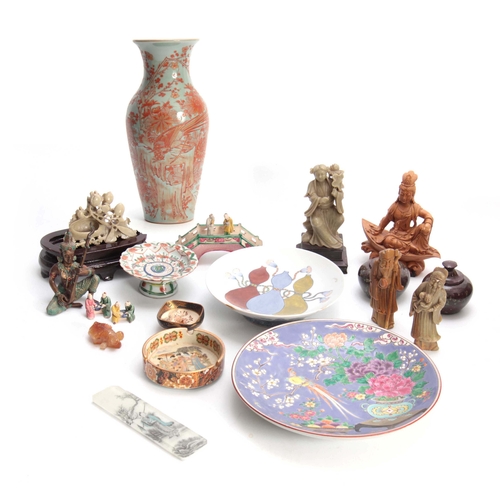 160 - A COLLECTION OF CHINESE AND JAPANESE WARE including a CELEDON VASE with rouge floral and leaf work d... 