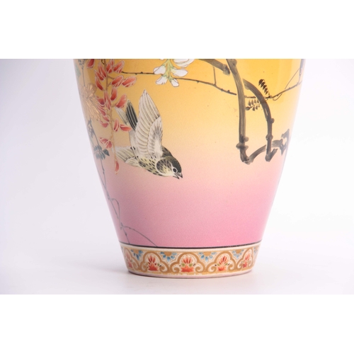 171 - A LATE 19TH CENTURY JAPANESE LARGE SHOULDERED TAPERING VASE decorated with birds, in flowering branc... 