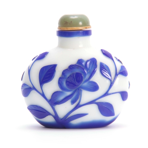 173 - A 19TH CENTURY OVERSIZED CHINESE PEKING GLASS SNUFF BOTTLE WITH ROUNDED JADE STOPPER the  opaque fla... 