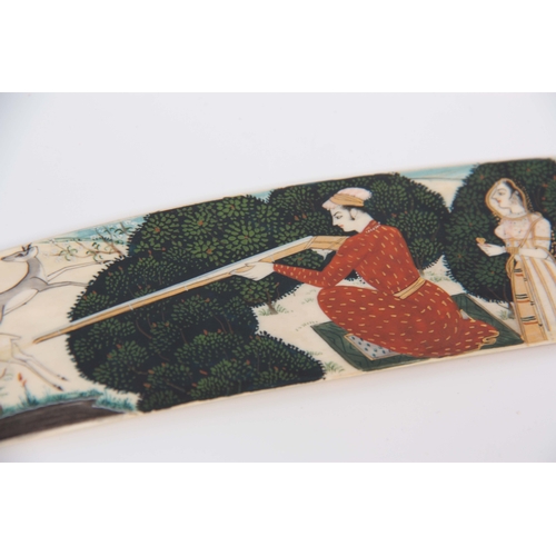 174 - A FINE 19TH CENTURY INDIAN IVORY PAINTED PLAQUE finely painted with figures hunting deer highlighted... 