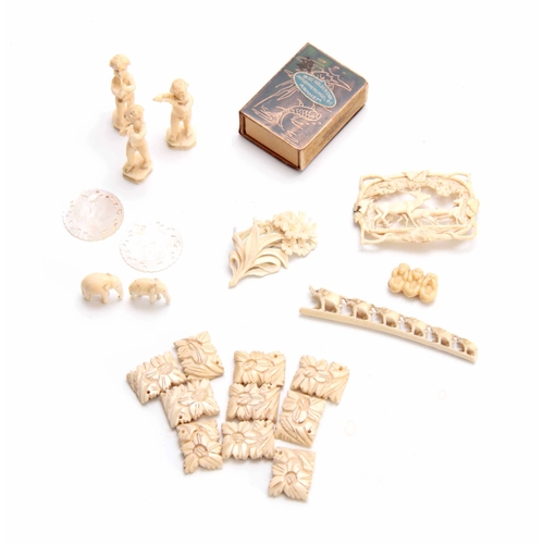 178 - A COLLECTION OF 19TH CENTURY CARVED MINIATURE IVORY PIECES including a belt buckle, a floral brooch ... 