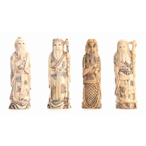 185 - A SET OF SIX EARLY 20th CENTURY ENGRAVED STAINED IVORY NETSUKE modelled as elderly gentleman of diff... 