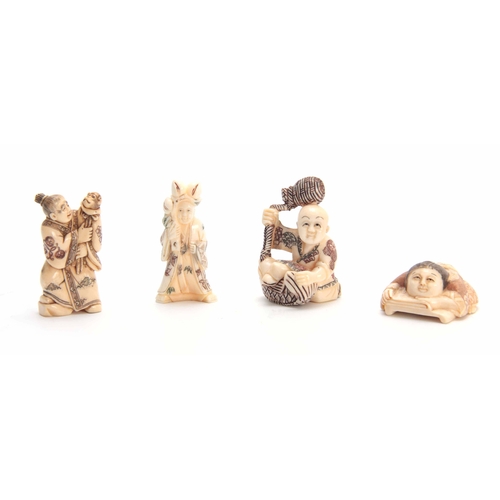 190 - A COLLECTION OF FOUR EARLY 20th CENTURY IVORY NETSUKE sculptured as various figures all with charact... 