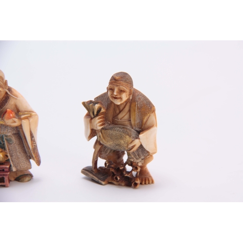 191 - A SET OF FOUR EARLY 20th CENTURY STAINED IVORY NETSUKE sculptured as for elderly men, all with chara... 