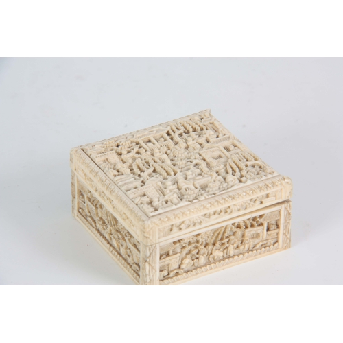 194 - A 19TH CENTURY CHINESE CANTON CARVED IVORY LIDDED BOX finely decorated with figures seated under pag... 