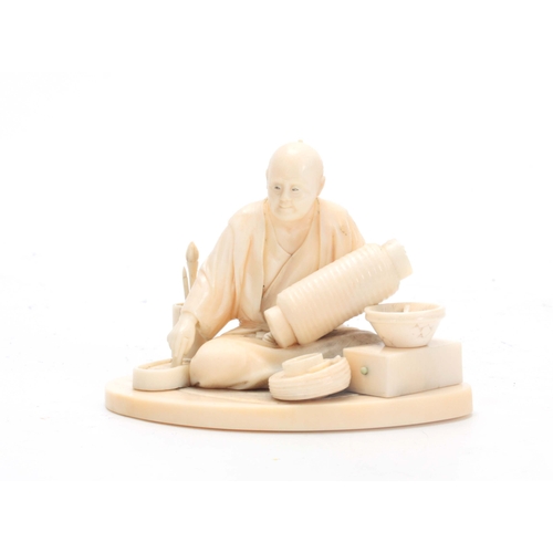 195 - A MEIJI PERIOD JAPANESE IVORY OKIMONO modeled as a seated artisan pot maker surrounded by various po... 