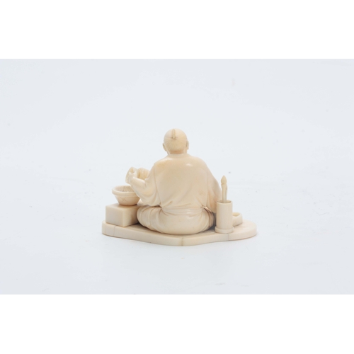 195 - A MEIJI PERIOD JAPANESE IVORY OKIMONO modeled as a seated artisan pot maker surrounded by various po... 