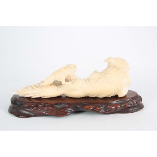 200 - A LATE 19TH / EARLY 20TH CENTURY CHINESE CARVED IVORY SCULPTURE depicting a reclining dog with two p... 