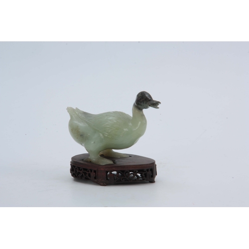 216 - A CHINESE CARVED SCULPTURE OF A DUCK mounted on a pierced hardwood base 14cm wide 11cm high.