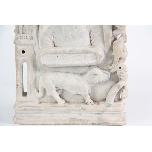 219 - AN UNUSUAL CARVED WHITE MARBLE ANGLO INDIAN BUDDHA decorated with a Royal coat of arms to the top ab... 