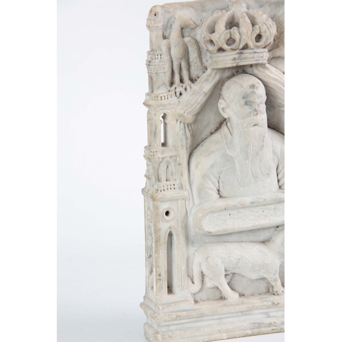 219 - AN UNUSUAL CARVED WHITE MARBLE ANGLO INDIAN BUDDHA decorated with a Royal coat of arms to the top ab... 