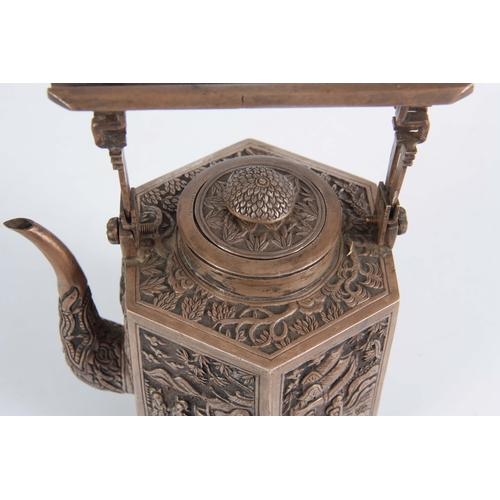 220 - AN UNUSUAL LATE 19TH CENTURY HEXAGONAL SHAPED CHINESE SILVER TEAPOT with split flat top handle above... 