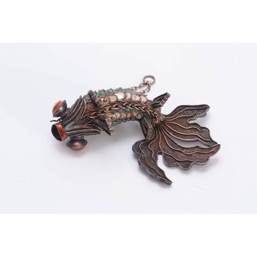 223 - A LATE 19TH EARLY 20TH CENTURY JAPANESE  ARTICULATED SILVER METAL AND COLOURED ENAMEL MODEL OF FISH ... 