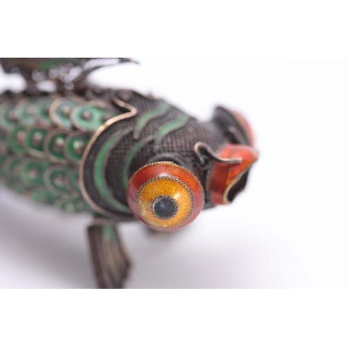 223 - A LATE 19TH EARLY 20TH CENTURY JAPANESE  ARTICULATED SILVER METAL AND COLOURED ENAMEL MODEL OF FISH ... 