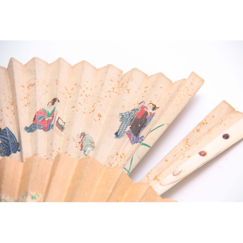 226 - TWO LATE 19TH CENTURY JAPANESE SHIBAYANA IVORY HANDLED FANS set with different raised insects to the... 