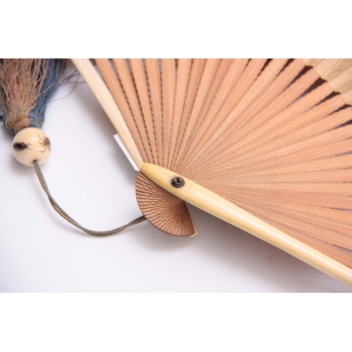 226 - TWO LATE 19TH CENTURY JAPANESE SHIBAYANA IVORY HANDLED FANS set with different raised insects to the... 