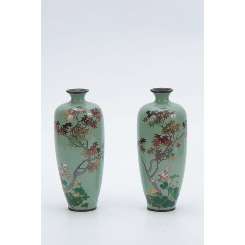 228 - A PAIR OF JAPANESE MEIJI PERIOD CLOISONNE ENAMEL VASES having mint green ground decorated with flowe... 