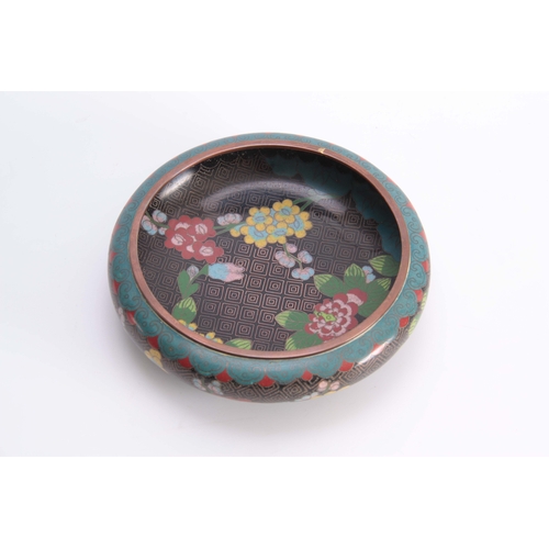 229 - A CHINESE CLOISONNE ENAMEL SHALLOW FOOTED BOWL with overall flower spray decoration on a black and b... 