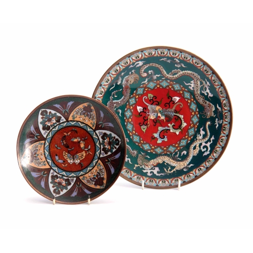 230 - A CHINESE CLOISONNE ENAMEL SHALLOW DISH with dragon work border and centre panel 24cm diameter and A... 