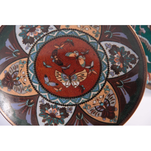 230 - A CHINESE CLOISONNE ENAMEL SHALLOW DISH with dragon work border and centre panel 24cm diameter and A... 