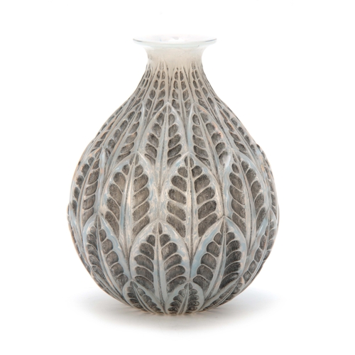 28 - AN R, LALIQUE MALESHERBES CASED OPALESCENT AND GREY STAINED VASE having a bulbous body with leaf wor... 