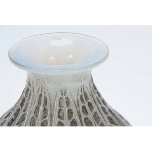 28 - AN R, LALIQUE MALESHERBES CASED OPALESCENT AND GREY STAINED VASE having a bulbous body with leaf wor... 