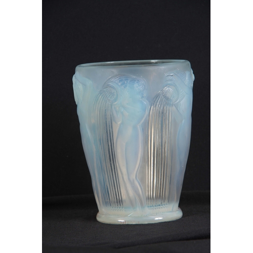 33 - AN R, LALIQUE DANAIDES OPALESCENT GLASS VASE decorated with nude ladies pouring water urns, signed w... 