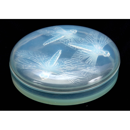 35 - R LALIQUE FRANCE AN EARLY 20TH CENTURY OPALESCENT 'LIBELLULES' GLASS SHALLOW BOWL AND COVER with 3 u... 