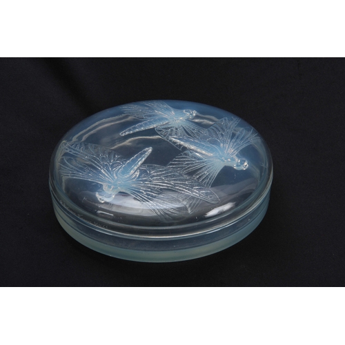 36 - AN R, LALIQUE LIBELLUBLES OPALESCENT GLASS JAR AND COVER decorated with Dragon Flies to the lid, sig... 