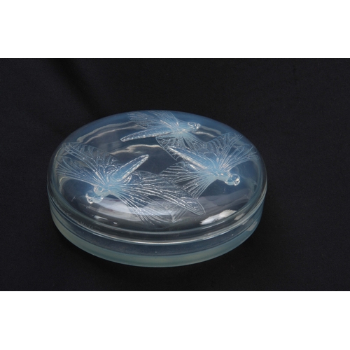 36 - AN R, LALIQUE LIBELLUBLES OPALESCENT GLASS JAR AND COVER decorated with Dragon Flies to the lid, sig... 