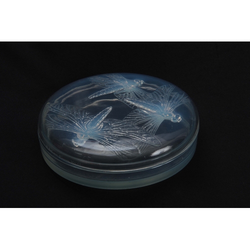 36 - AN R, LALIQUE LIBELLUBLES OPALESCENT GLASS JAR AND COVER decorated with Dragon Flies to the lid, sig... 