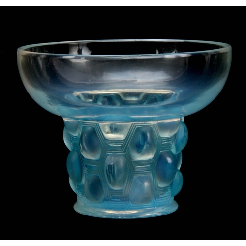 39 - A R LALIQUE BEUTRELLIS GLASS OPALESCENT VASE WITH BLUE STAINING having a dished top and narrow base ... 