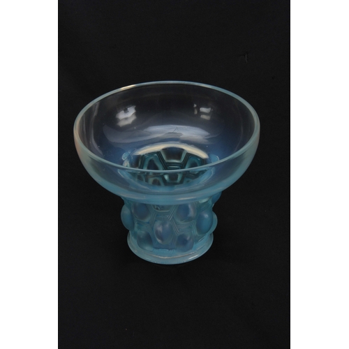 39 - A R LALIQUE BEUTRELLIS GLASS OPALESCENT VASE WITH BLUE STAINING having a dished top and narrow base ... 