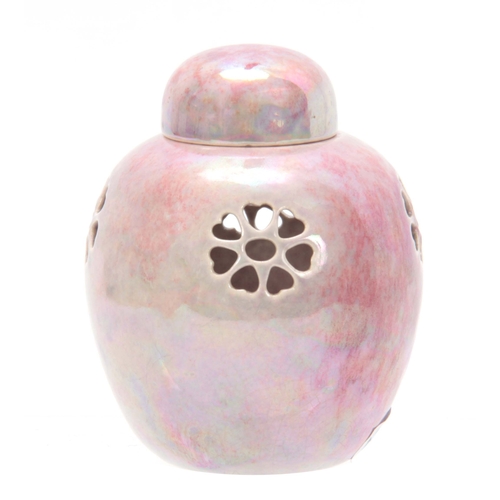 60 - AN EARLY 20TH CENTURY RUSKIN POTTERY PINK LUSTRE PIERCED MINATURE GINGER JAR AND COVER impressed mar... 