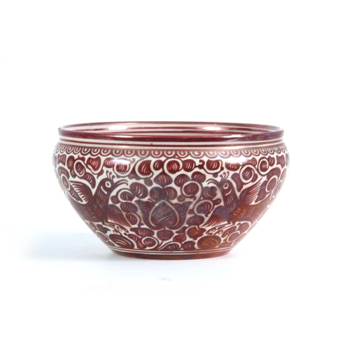 61 - A 20TH CENTURY CANTEGALI RUBY LUSTRE BOWL decorated with birds, bearing painted cockerel mark 11cm h... 