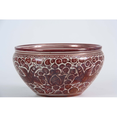 61 - A 20TH CENTURY CANTEGALI RUBY LUSTRE BOWL decorated with birds, bearing painted cockerel mark 11cm h... 