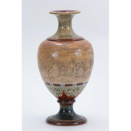 68 - A 19TH CENTURY DOULTON LAMBETH VASE BY HANNAH BARLOW decorated with a continuous band of grazing dee... 