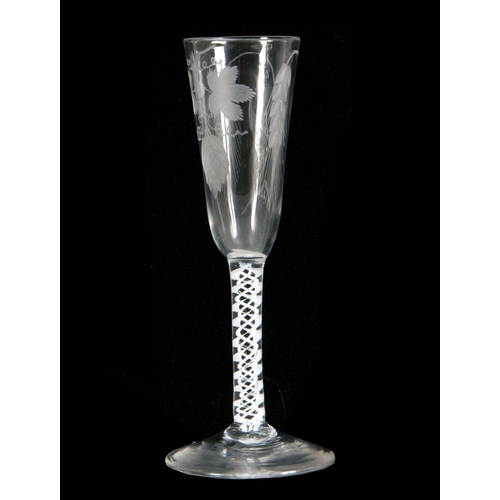 7 - AN 18TH CENTURY TRIPLE OPAQUE AIR TWIST ALE FLUTE / WINE GLASS the bowl engraved with hops and barle... 