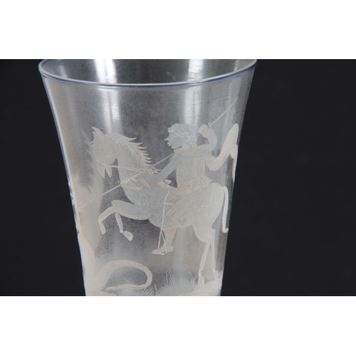 8 - A FINE 20TH CENTURY DRINKING GLASS with fluted bowl engraved with a Gentleman on horseback slaying a... 