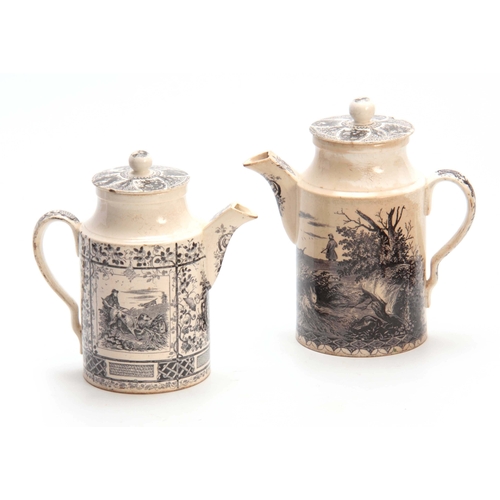 85 - TWO 19TH CENTURY CREAMWARE COFFEE CANS transfer printed with hunting scenes 19cm and 17cm high (2).