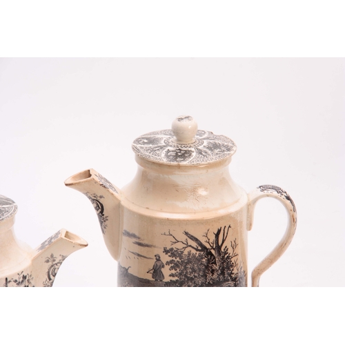 85 - TWO 19TH CENTURY CREAMWARE COFFEE CANS transfer printed with hunting scenes 19cm and 17cm high (2).