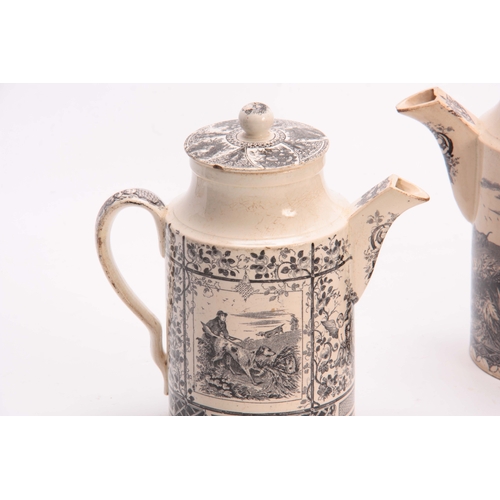 85 - TWO 19TH CENTURY CREAMWARE COFFEE CANS transfer printed with hunting scenes 19cm and 17cm high (2).