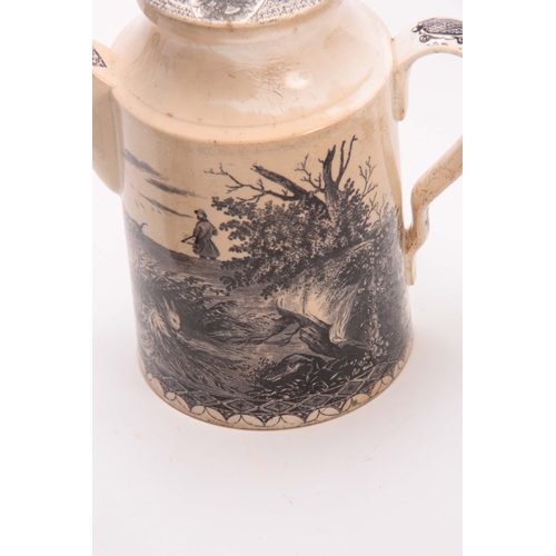 85 - TWO 19TH CENTURY CREAMWARE COFFEE CANS transfer printed with hunting scenes 19cm and 17cm high (2).