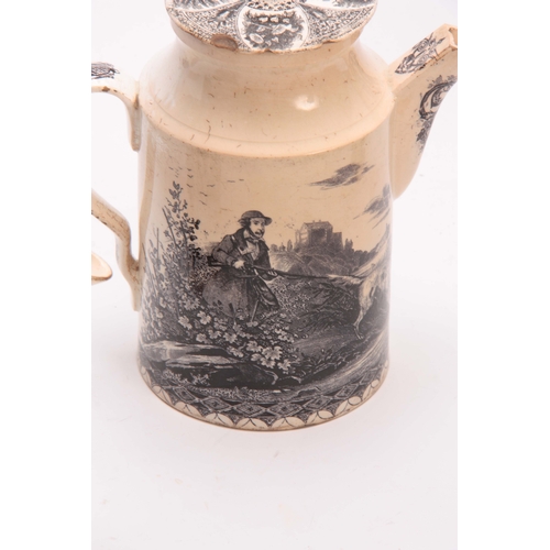 85 - TWO 19TH CENTURY CREAMWARE COFFEE CANS transfer printed with hunting scenes 19cm and 17cm high (2).